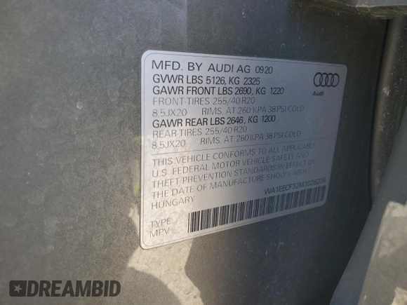 2021 Audi Q3 S line Premium Plus with VIN WA1EECF32M1028239, listed as a Copart auction lot 46702965 with 50,244 mi miles and Salvage Title. Bid and sale history available at carsss.com. Image 13.