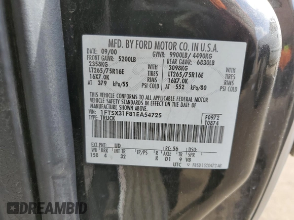 2001 Ford F-350 XL with VIN 1FTSX31F81EA54725, listed as a Copart auction lot 75389384 with 355,047 mi miles and Salvage Title. Bid and sale history available at DreamBid. Image 12.