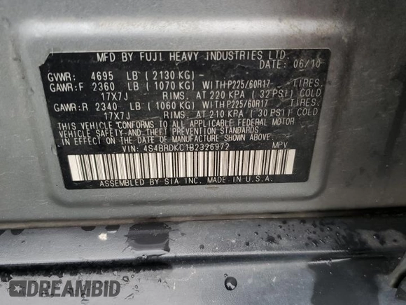 2011 Subaru Outback Limited Power Moon with VIN 4S4BRDKC1B2326972, listed as a Copart auction lot 57434815 with 319,686 mi miles and Salvage title. Bid and sale history available at DreamBid. Image 12.