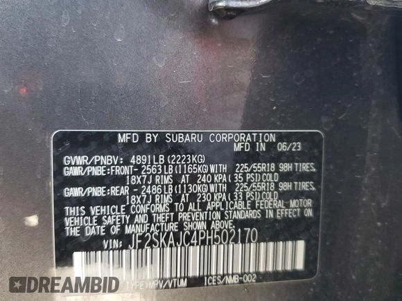 2023 Subaru Forester Special Sports с VIN JF2SKAJC4PH502170, выставлен на аукционе Copart как лот 62414035 с пробегом Не указан миль и Списание • Salvage title. История ставок и продаж доступна на DreamBid. Изображение 13.