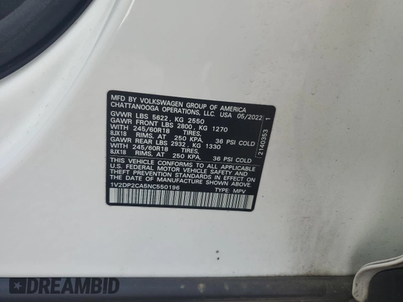 2022 Volkswagen Atlas SE with VIN 1V2DP2CA5NC550196, listed as a Copart auction lot 72036934 with 66,495 mi miles and Salvage title. Bid and sale history available at DreamBid. Image 15.