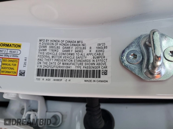2024 Honda Civic Sport z VIN 2HGFE2F52RH510841, wystawiony jako Copart lot #55361065 z przebiegiem 31 611 mil mil oraz Szkoda całkowita • Salvage title. Historia ofert i sprzedaży dostępna na DreamBid. Obrazek 12.