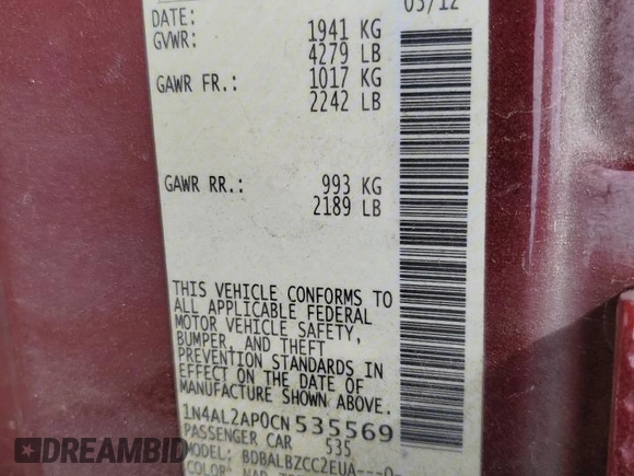 2012 Nissan Altima 2.5 S with VIN 1N4AL2AP0CN535569, listed as a Copart auction lot 48733415 with 151,179 mi miles and Salvage Title. Bid and sale history available at carsss.com. Image 15.