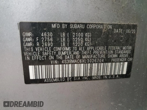 2020 Subaru Legacy Premium z VIN 4S3BWAC6XL3026704, wystawiony jako Copart lot #46653115 z przebiegiem 93 345 mil mil oraz Szkoda całkowita • Salvage title. Historia ofert i sprzedaży dostępna na DreamBid. Obrazek 12.