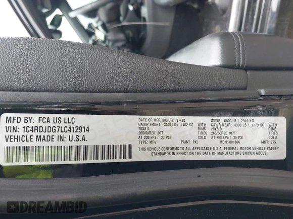 2020 Dodge Durango GT Plus z VIN 1C4RDJDG7LC412914, wystawiony jako IAAI lot #42313969 z przebiegiem 73 287 mil mil oraz . Historia ofert i sprzedaży dostępna na DreamBid. Obrazek 9.