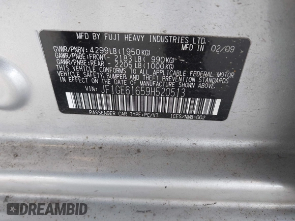 2009 Subaru Impreza i z VIN JF1GE61659H520513, wystawiony jako IAAI lot #42096406 z przebiegiem 109 782 mil mil oraz . Historia ofert i sprzedaży dostępna na DreamBid. Obrazek 9.