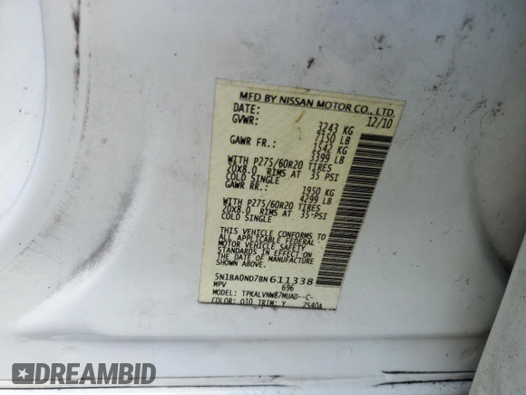 2011 Nissan Armada SV z VIN 5N1BA0ND7BN611338, wystawiony jako Copart lot #57069135 z przebiegiem 183 444 mil mil oraz Szkoda całkowita • Salvage title. Historia ofert i sprzedaży dostępna na DreamBid. Obrazek 14.