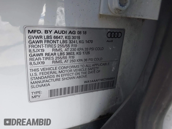 2019 Audi Q7 Premium with VIN WA1AAAF74KD004991, listed as a IAAI auction lot 42180183 with 53,188 mi miles and . Bid and sale history available at DreamBid. Image 9.