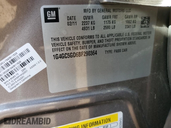 2011 Buick LaCrosse CXL with VIN 1G4GC5GD6BF290364, listed as a Copart auction lot 51693505 with 163,678 mi miles and Salvage title. Bid and sale history available at DreamBid. Image 12.