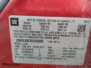 2012 GMC Terrain SLT-2 with VIN 2GKFLXE57C6353253, listed as a Copart auction lot 52789005 with 0 mi miles and Salvage Title. Bid and sale history available at carsss.com. Image 13.