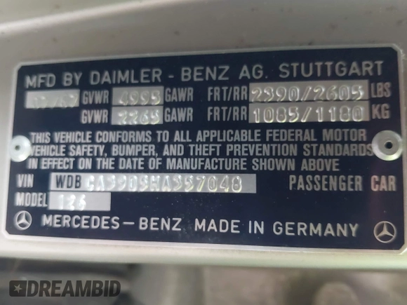 1987 Mercedes-Benz 560 with VIN WDBCA39D5HA357048, listed as a IAAI auction lot 41672343 with 151,635 mi miles and . Bid and sale history available at DreamBid. Image 9.