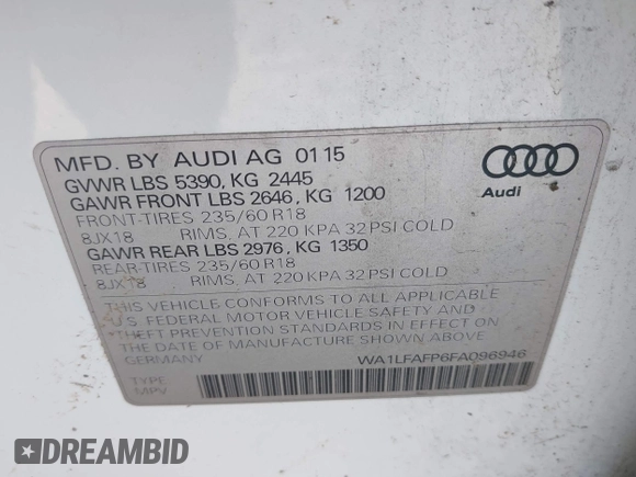 2015 Audi Q5 Premium Plus with VIN WA1LFAFP6FA096946, listed as a IAAI auction lot 41956824 with 97,328 mi miles and . Bid and sale history available at DreamBid. Image 9.