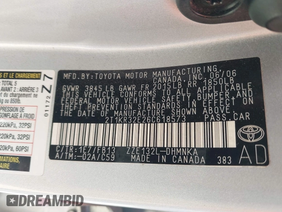 2006 Toyota Matrix STD with VIN 2T1KR32E26C618573, listed as a IAAI auction lot 41742787 with 86,067 mi miles and . Bid and sale history available at DreamBid. Image 9.