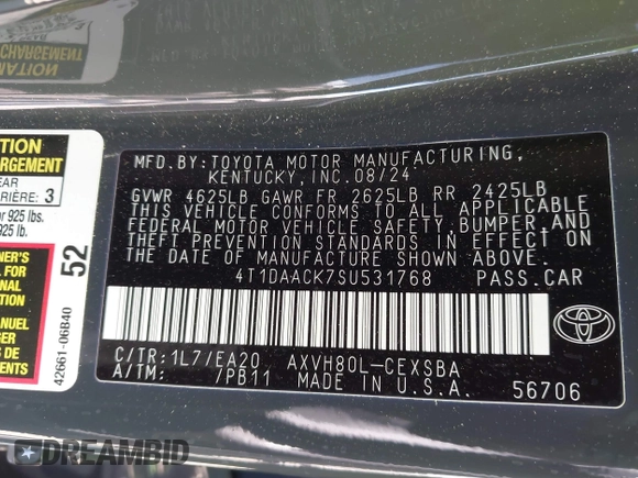 2025 Toyota Camry LE z VIN 4T1DAACK7SU531768, wystawiony jako IAAI lot #42187559 z przebiegiem 26 348 mil mil oraz . Historia ofert i sprzedaży dostępna na DreamBid. Obrazek 9.