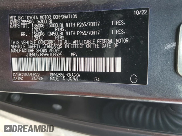 2023 Toyota 4Runner SR5 Premium with VIN JTENU5JR5P6108525, listed as a Copart auction lot 59638245 with 52,084 mi miles and Salvage title. Bid and sale history available at DreamBid. Image 13.