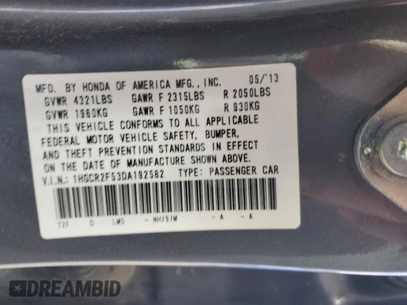 2013 Honda Accord Sport with VIN 1HGCR2F53DA192582, listed as a Copart auction lot 51737825 with 137,999 mi miles and Salvage Title. Bid and sale history available at DreamBid. Image 14.