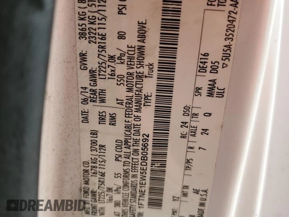 2014 Ford Econoline Cargo Commercial with VIN 1FTNE1EW5EDB05692, listed as a Copart auction lot 72186144 with 176,375 mi miles and Salvage title. Bid and sale history available at DreamBid. Image 13.