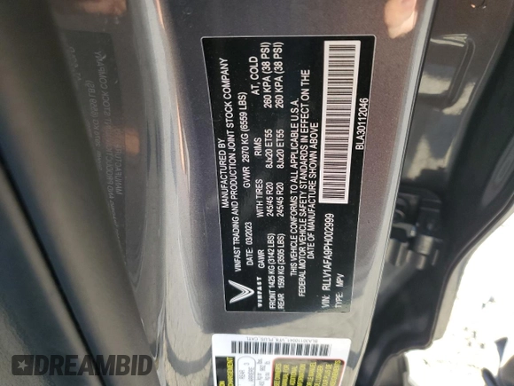 2023 VinFast VF 8 Plus с VIN RLLV1AFA9PH002999, выставлен на аукционе Copart как лот 73824804 с пробегом 7 848 миль миль и Списание • Salvage title. История ставок и продаж доступна на DreamBid. Изображение 15.
