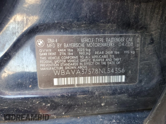 2008 BMW 3 Series 328i with VIN WBAVA37578NL54356, listed as a Copart auction lot 42912145 with 153,166 mi miles and Salvage Title. Bid and sale history available at DreamBid. Image 14.