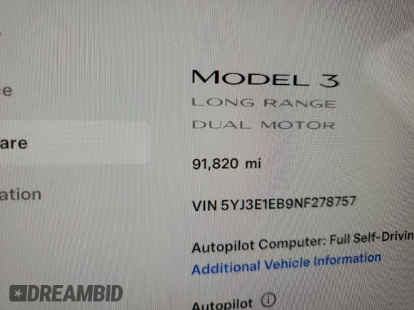2022 Tesla Model 3 Long Range with VIN 5YJ3E1EB9NF278757, listed as a Copart auction lot 52187175 with 91,820 mi miles and Salvage Title. Bid and sale history available at DreamBid. Image 9.