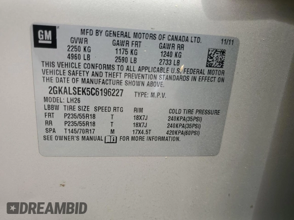 2012 GMC Terrain SLE-2 with VIN 2GKALSEK5C6196227, listed as a Copart auction lot 62282415 with 233,425 mi miles and Salvage title. Bid and sale history available at DreamBid. Image 13.