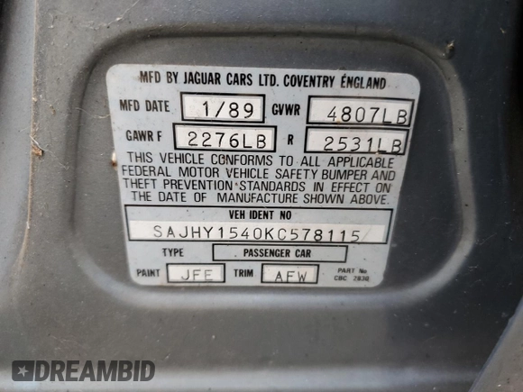 1989 Jaguar XJ with VIN SAJHY1540KC578115, listed as a Copart auction lot 69142274 with Not Provided miles and Clean Title. Bid and sale history available at DreamBid. Image 12.