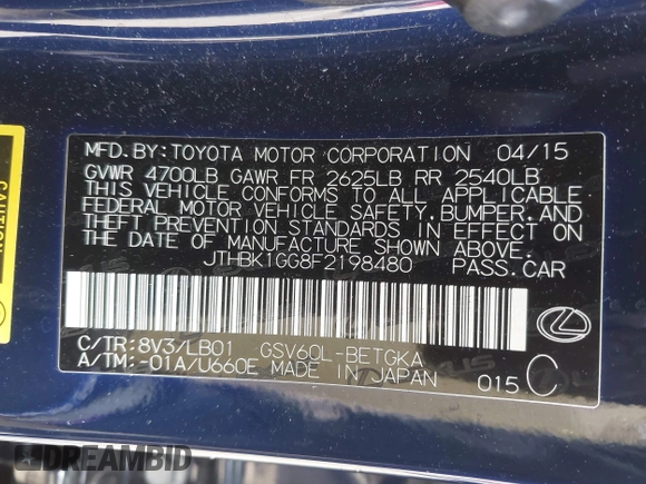 2015 Lexus ES 330 with VIN JTHBK1GG8F2198480, listed as a IAAI auction lot 42050366 with 66,337 mi miles and . Bid and sale history available at DreamBid. Image 9.