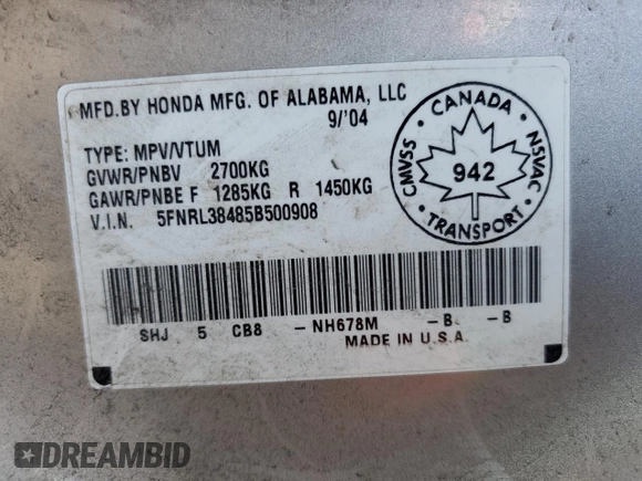 2005 Honda Odyssey EX with VIN 5FNRL38485B500908, listed as a Copart auction lot 55321385 with 448,908 mi miles and Salvage Title. Bid and sale history available at carsss.com. Image 13.