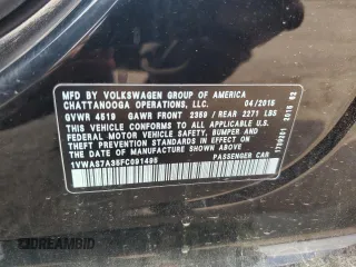 2015 Volkswagen Passat Limited Edition with VIN 1VWAS7A35FC091495, listed as a Copart auction lot 62063035 with 114,870 mi miles and Salvage title. Bid and sale history available at DreamBid. Image 12.