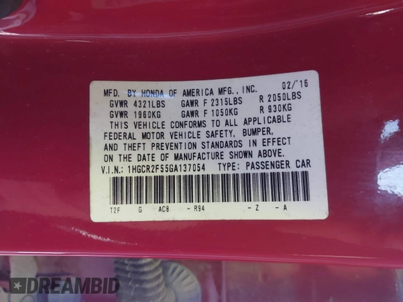 2016 Honda Accord Sport with VIN 1HGCR2F55GA137054, listed as a IAAI auction lot 41758711 with 106,922 mi miles and . Bid and sale history available at DreamBid. Image 9.
