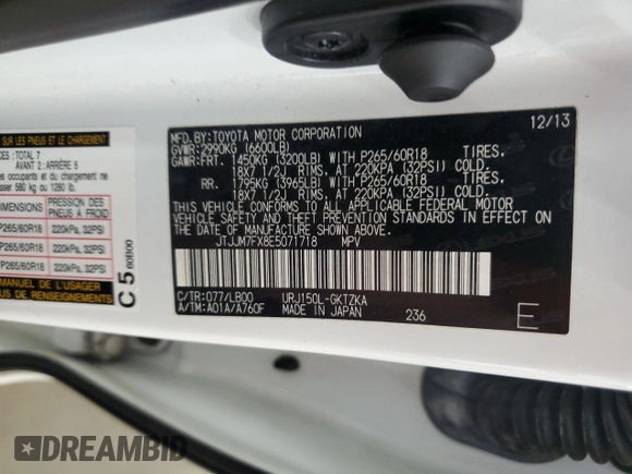 2014 Lexus GX 460 Luxury with VIN JTJJM7FX8E5071718, listed as a Copart auction lot 65146725 with 144,965 mi miles and Clean title. Bid and sale history available at DreamBid. Image 13.