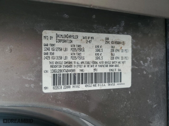 2007 Dodge Nitro SXT with VIN 1D8GU28KX7W644909, listed as a Copart auction lot 47139885 with 153,371 mi miles and Salvage Title. Bid and sale history available at carsss.com. Image 13.