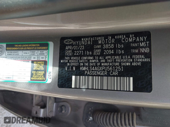 2023 Hyundai Elantra SEL with VIN KMHLS4AGXPU561251, listed as a IAAI auction lot 41752907 with Not Provided miles and . Bid and sale history available at DreamBid. Image 9.