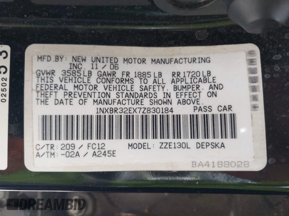 2007 Toyota Corolla CE with VIN 1NXBR32EX7Z830184, listed as a IAAI auction lot 42036762 with 163,991 mi miles and . Bid and sale history available at DreamBid. Image 9.