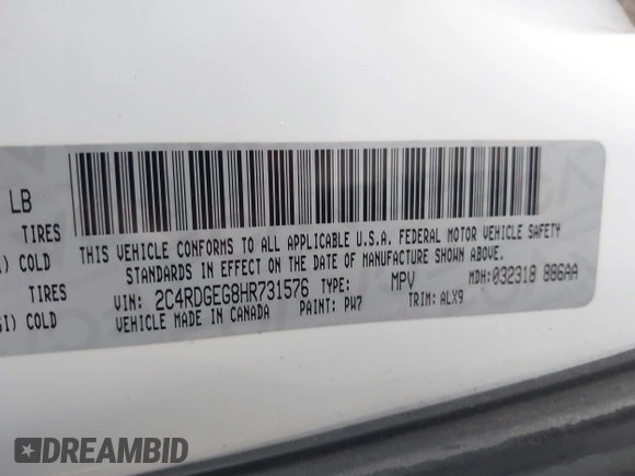 2017 Dodge Grand Caravan GT with VIN 2C4RDGEG8HR731576, listed as a IAAI auction lot 42101700 with 138,021 mi miles and . Bid and sale history available at DreamBid. Image 9.