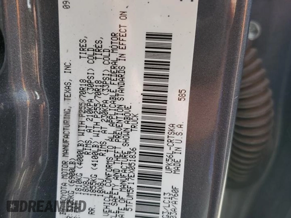 2014 Toyota Tundra 4WD Truck SR with VIN 5TFUM5F17EX051836, listed as a Copart auction lot 49274655 with 61,249 mi miles and Salvage Title. Bid and sale history available at carsss.com. Image 12.