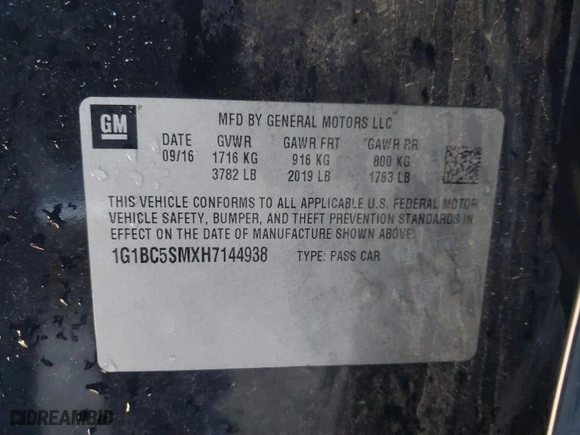 2017 Chevrolet Cruze LS with VIN 1G1BC5SMXH7144938, listed as a IAAI auction lot 41805190 with NaN miles. Bid and sale history available at carsss.com. Image 9.