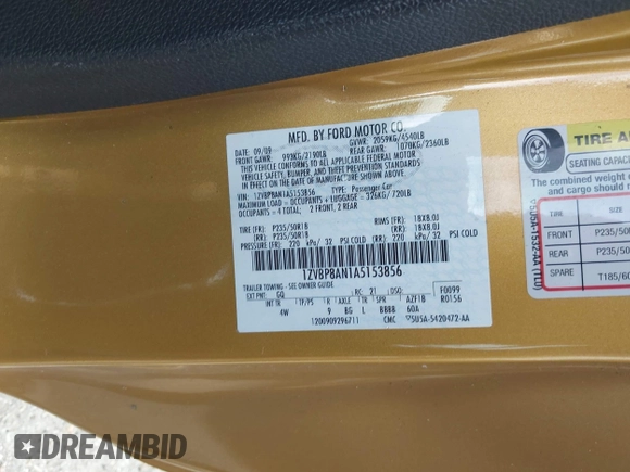 2010 Ford Mustang V6 с VIN 1ZVBP8AN1A5153856, выставлен на аукционе IAAI как лот 42461635 с пробегом 158 071 миль миль и . История ставок и продаж доступна на DreamBid. Изображение 9.