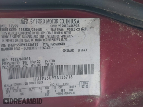2000 Ford Taurus SES with VIN 1FAFP55U9YA136718, listed as a IAAI auction lot 42119103 with 158,166 mi miles and . Bid and sale history available at DreamBid. Image 9.