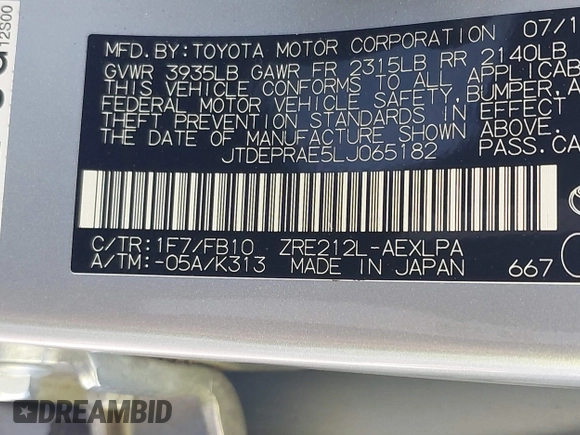 2020 Toyota Corolla LE with VIN JTDEPRAE5LJ065182, listed as a IAAI auction lot 41799613 with 53,193 mi miles. Bid and sale history available at carsss.com. Image 9.