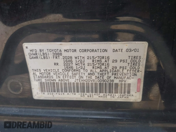 2001 Toyota RAV4 with VIN JTEHH20V810090238, listed as a IAAI auction lot 42748306 with 190,001 mi miles and . Bid and sale history available at DreamBid. Image 9.