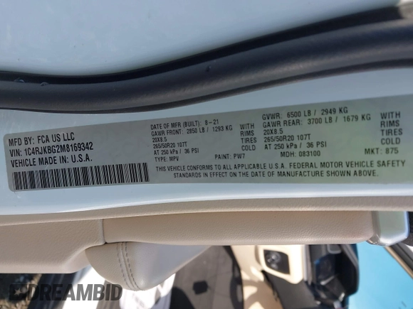 2021 Jeep Grand Cherokee Limited z VIN 1C4RJKBG2M8169342, wystawiony jako IAAI lot #42007413 z przebiegiem 106 665 mil mil oraz . Historia ofert i sprzedaży dostępna na DreamBid. Obrazek 9.