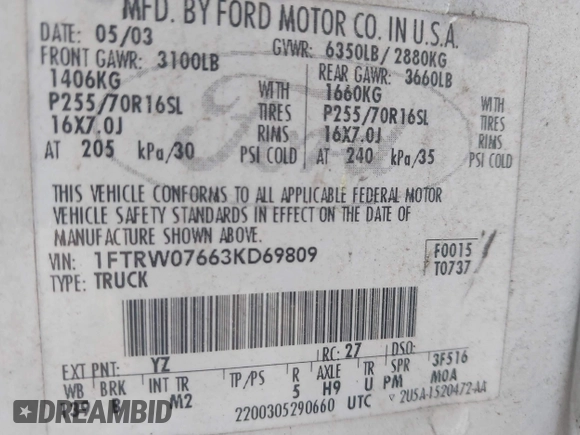2003 Ford F-150 XLT with VIN 1FTRW07663KD69809, listed as a IAAI auction lot 42198549 with 166,466 mi miles and . Bid and sale history available at DreamBid. Image 9.