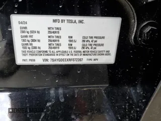 2024 Tesla Model Y Long Range z VIN 7SAYGDEEXRF072397, wystawiony jako Copart lot #61157535 z przebiegiem Nie podano mil oraz Szkoda całkowita • Salvage title. Historia ofert i sprzedaży dostępna na DreamBid. Obrazek 13.