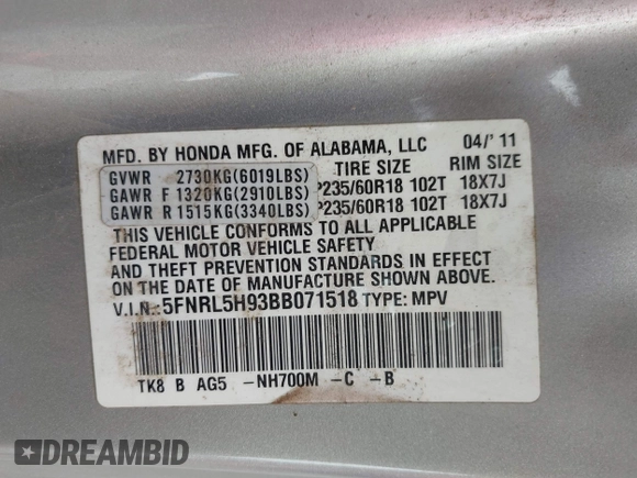 2011 Honda Odyssey Touring with VIN 5FNRL5H93BB071518, listed as a IAAI auction lot 42402421 with 227,647 mi miles and . Bid and sale history available at DreamBid. Image 9.
