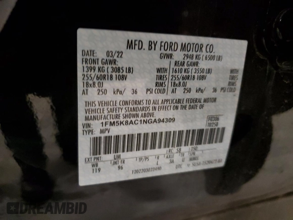 2022 Ford Explorer with VIN 1FM5K8AC1NGA94309, listed as a Copart auction lot 85947204 with 51,365 mi miles and Salvage title. Bid and sale history available at DreamBid. Image 14.