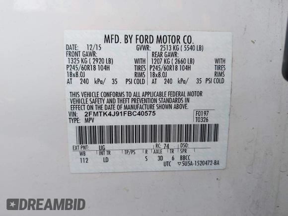 2015 Ford Edge SEL with VIN 2FMTK4J91FBC40575, listed as a IAAI auction lot 41895416 with 103,262 mi miles. Bid and sale history available at carsss.com. Image 9.