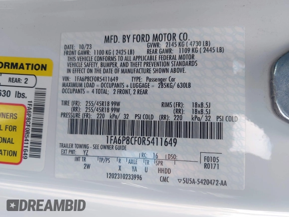 2024 Ford Mustang GT with VIN 1FA6P8CF0R5411649, listed as a IAAI auction lot 42205236 with 22,362 mi miles and . Bid and sale history available at DreamBid. Image 9.