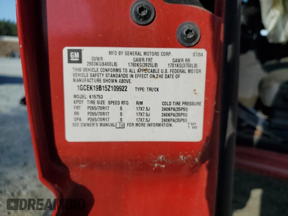 2005 Chevrolet Silverado 1500 Z71 z VIN 1GCEK19B15Z109922, wystawiony jako Copart lot #51822285 z przebiegiem Nie podano mil oraz Szkoda całkowita • Salvage title. Historia ofert i sprzedaży dostępna na DreamBid. Obrazek 12.