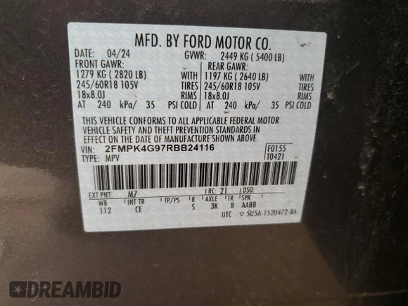 2024 Ford Edge SE с VIN 2FMPK4G97RBB24116, выставлен на аукционе Copart как лот 46315525 с пробегом 10 061 миль миль и Списание • Salvage title. История ставок и продаж доступна на DreamBid. Изображение 13.
